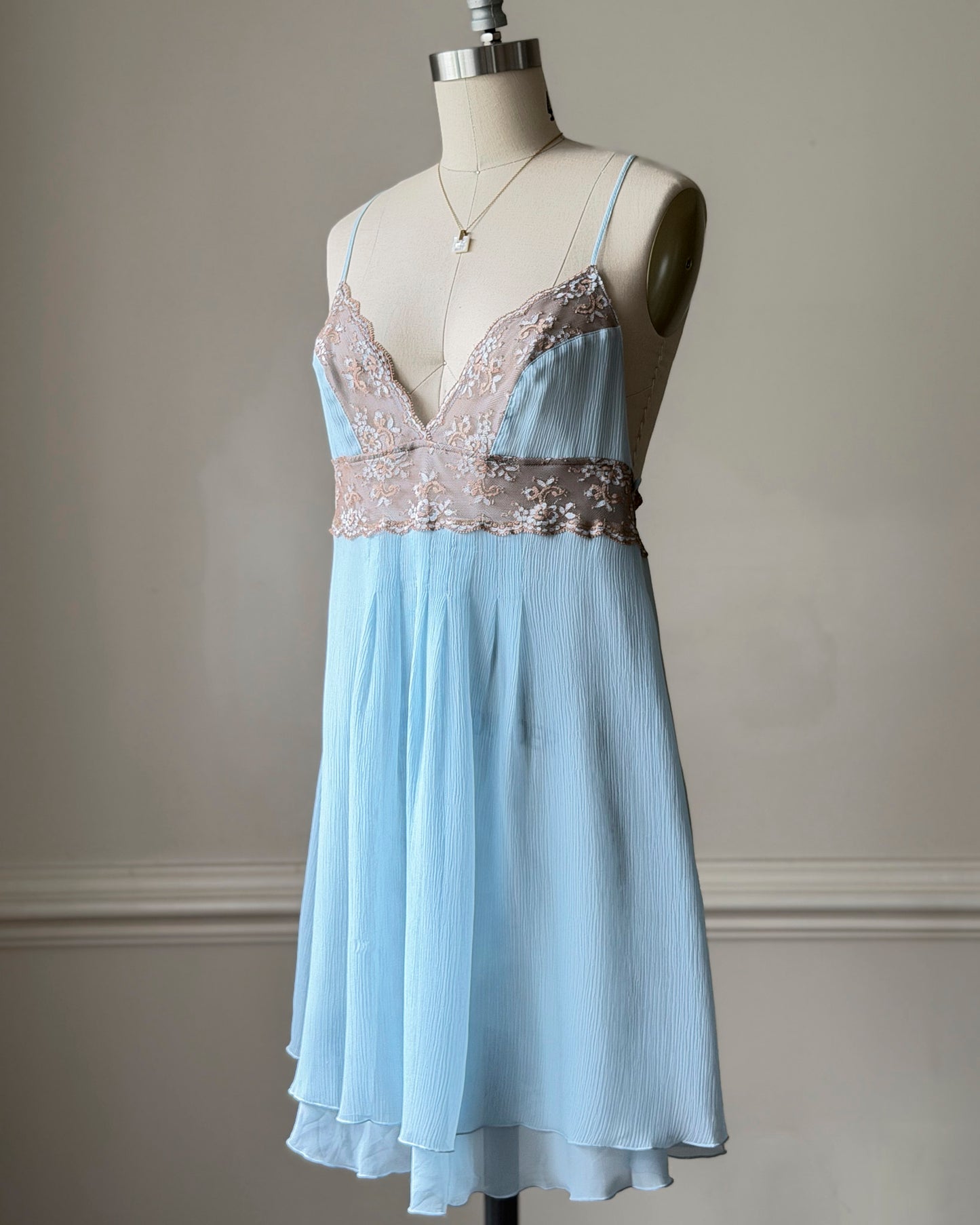 Baby Blue Lace Bodice Mini Dress — Champagne Embroidered Empire Waist