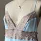 Baby Blue Lace Bodice Mini Dress — Champagne Embroidered Empire Waist