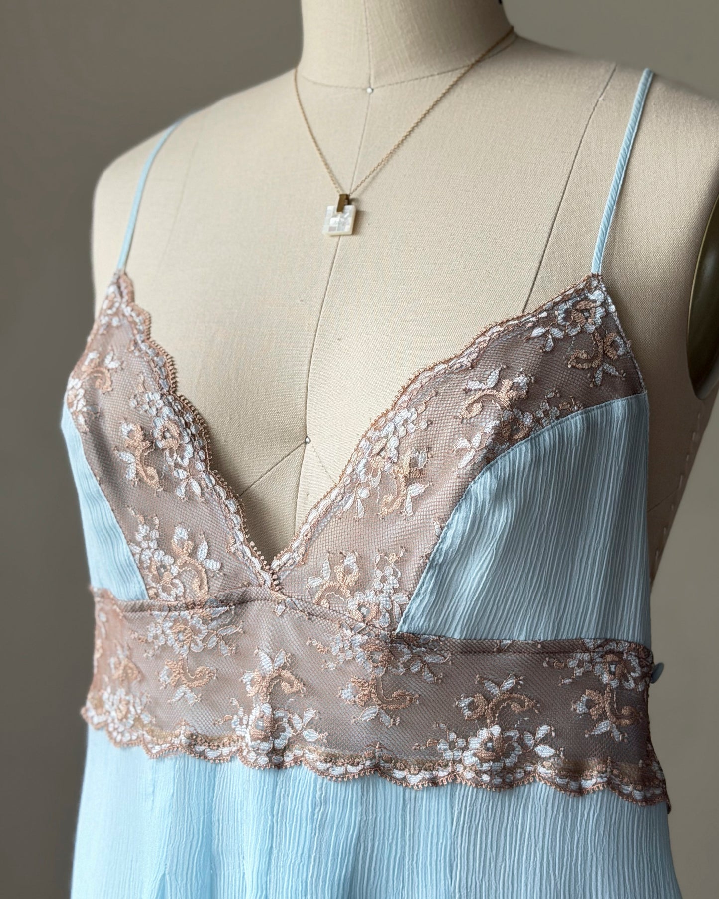 Baby Blue Lace Bodice Mini Dress — Champagne Embroidered Empire Waist