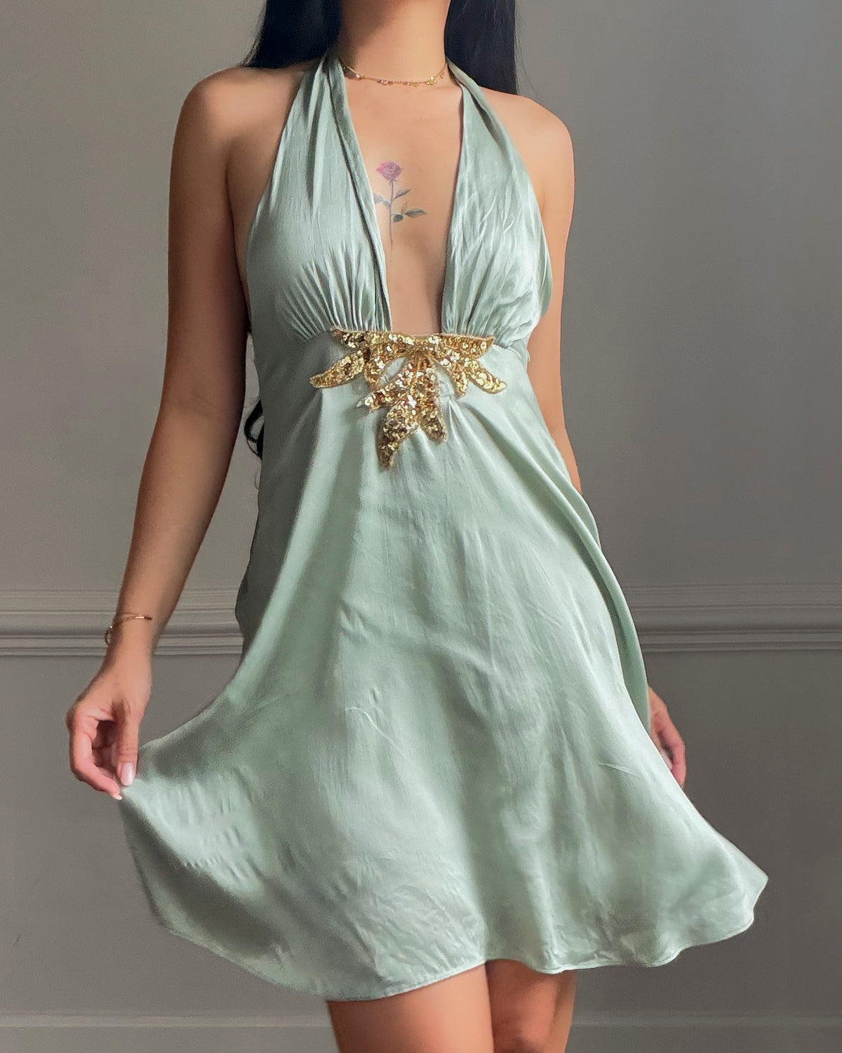 Ingwa melero Sage Satin Halter Dress — Gold Sequin Empire Waist