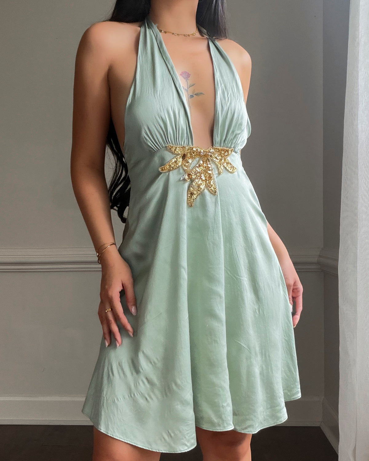 Ingwa melero Sage Satin Halter Dress — Gold Sequin Empire Waist