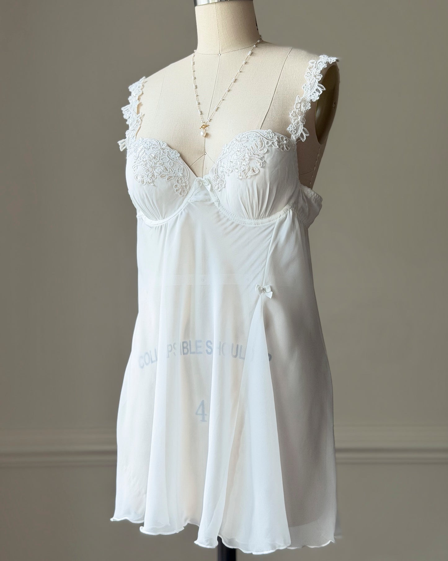 Linea Donatella White Mesh Babydoll Dress — Lace Appliqué Cups