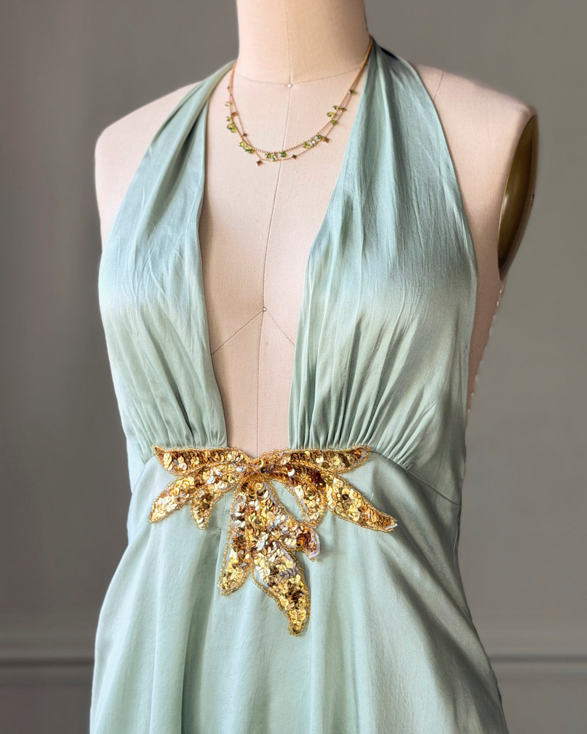 Ingwa melero Sage Satin Halter Dress — Gold Sequin Empire Waist
