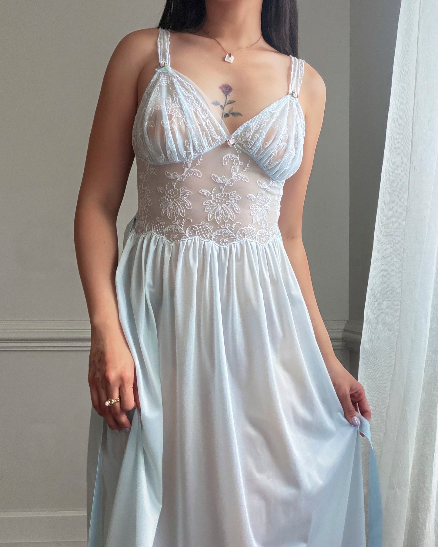 Ice Blue Sheer Lace Maxi Nightgown — Floral Embroidered Bodice & Soft Cup