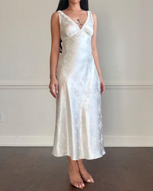 Jones New York Ivory Floral Jacquard Satin Maxi Slip Dress — Beaded Lace V-Neck
