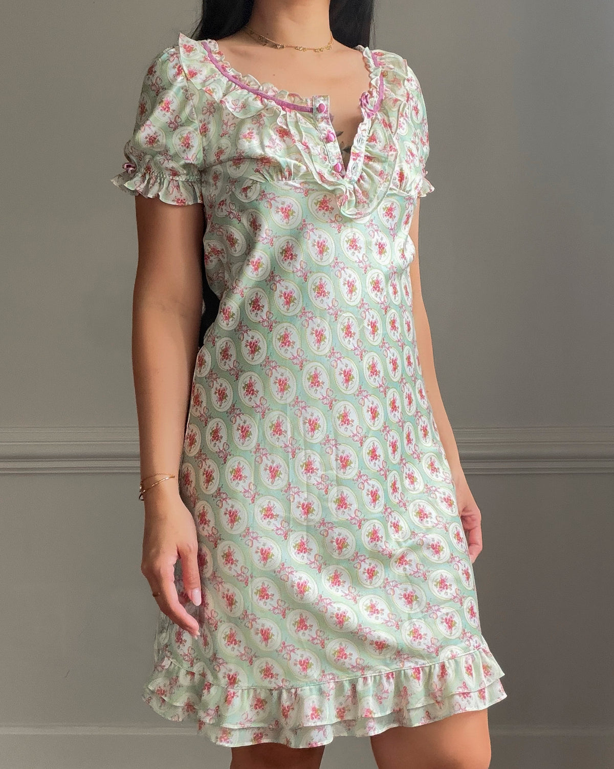 Eblin Lingerie Mint Floral Empire Dress — Velvet Ribbon & Ruffle Collar
