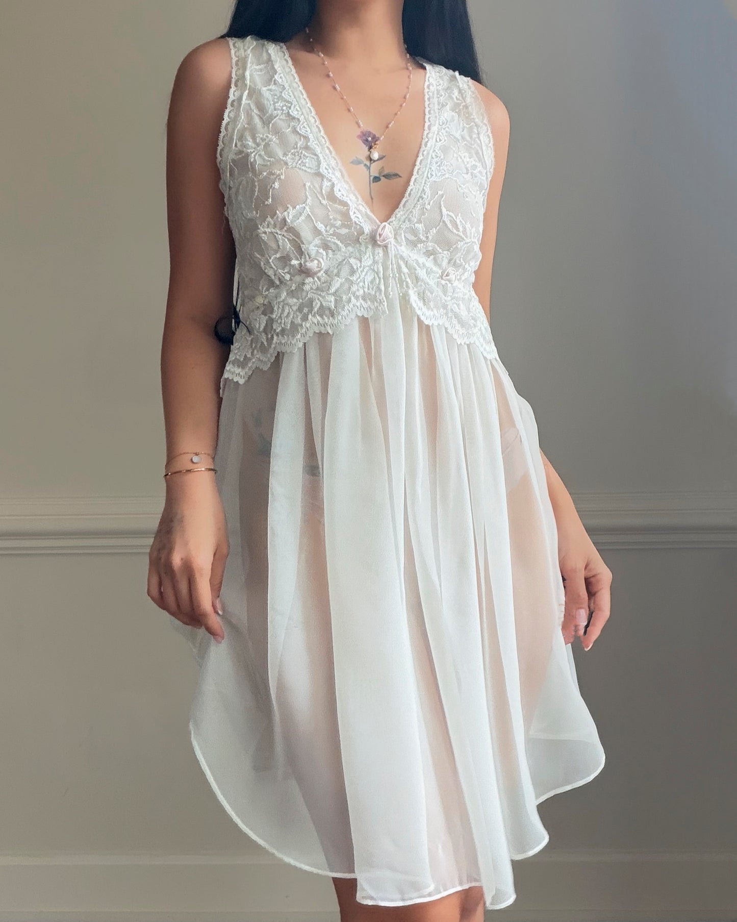 Delicates Ivory Lace Babydoll Dress — Deep V-Neck