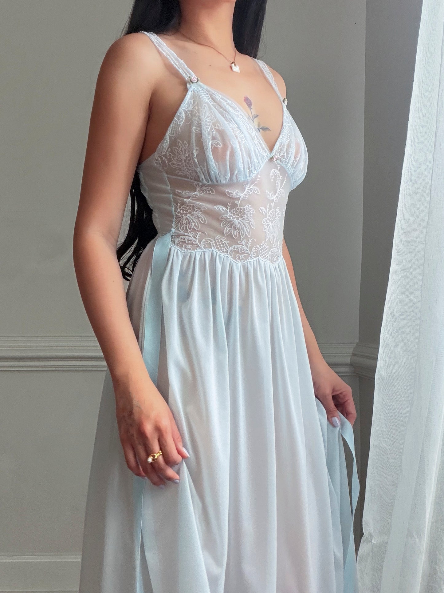 Ice Blue Sheer Lace Maxi Nightgown — Floral Embroidered Bodice & Soft Cup