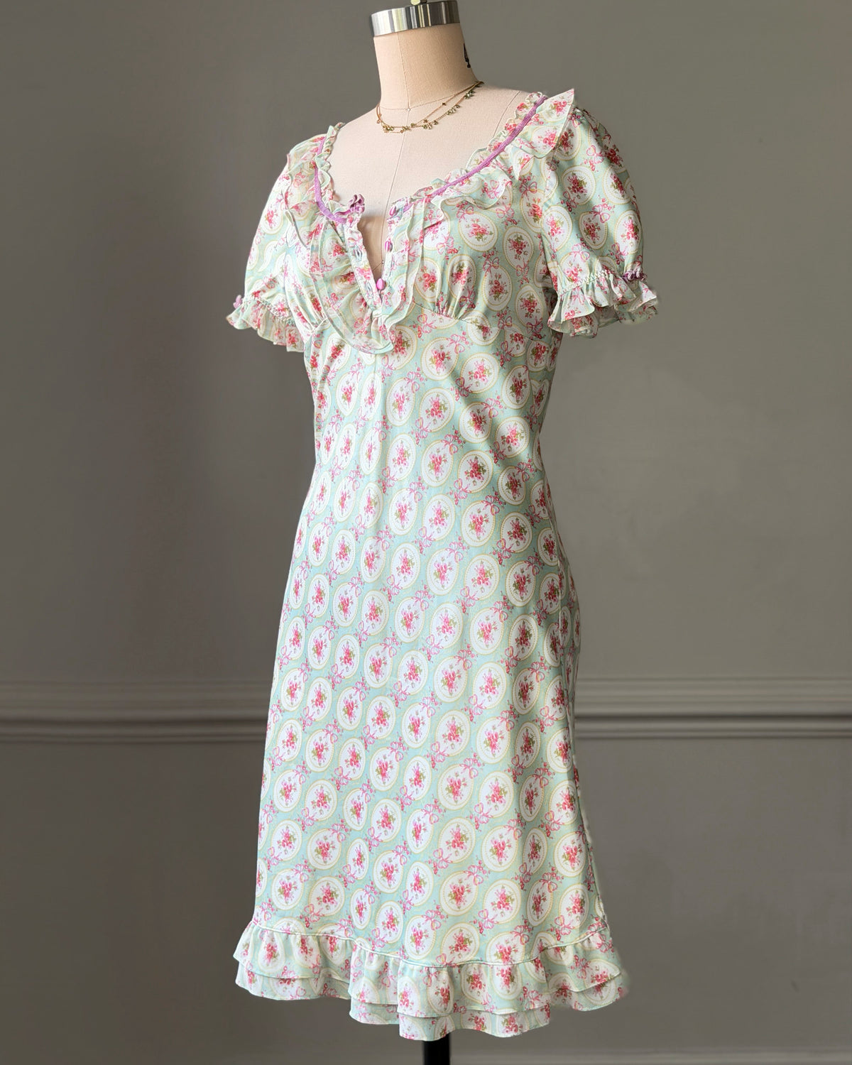 Eblin Lingerie Mint Floral Empire Dress — Velvet Ribbon & Ruffle Collar