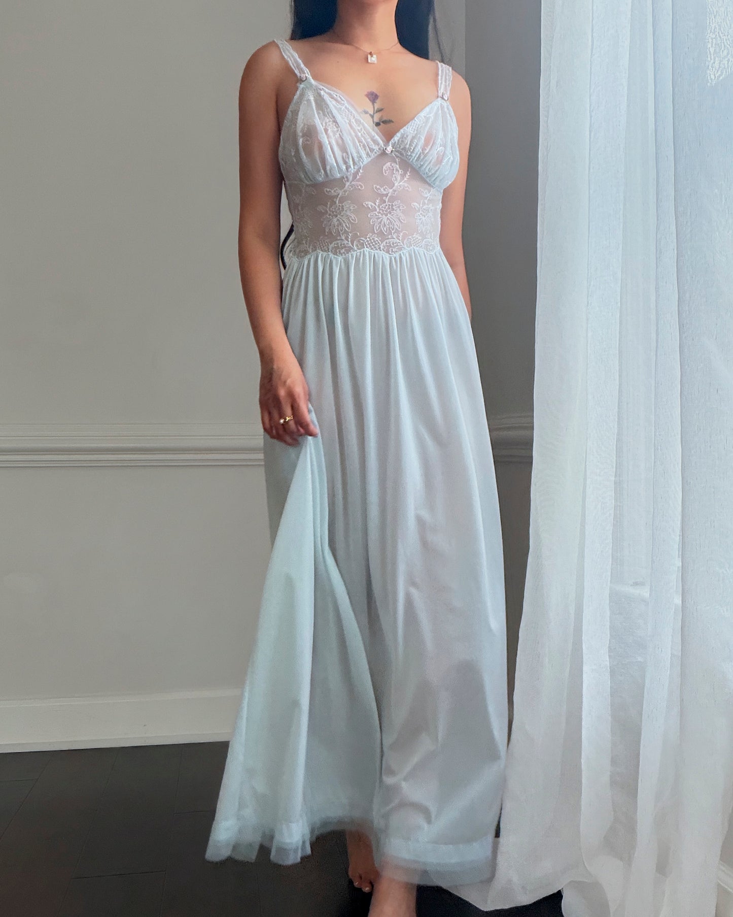 Ice Blue Sheer Lace Maxi Nightgown — Floral Embroidered Bodice & Soft Cup