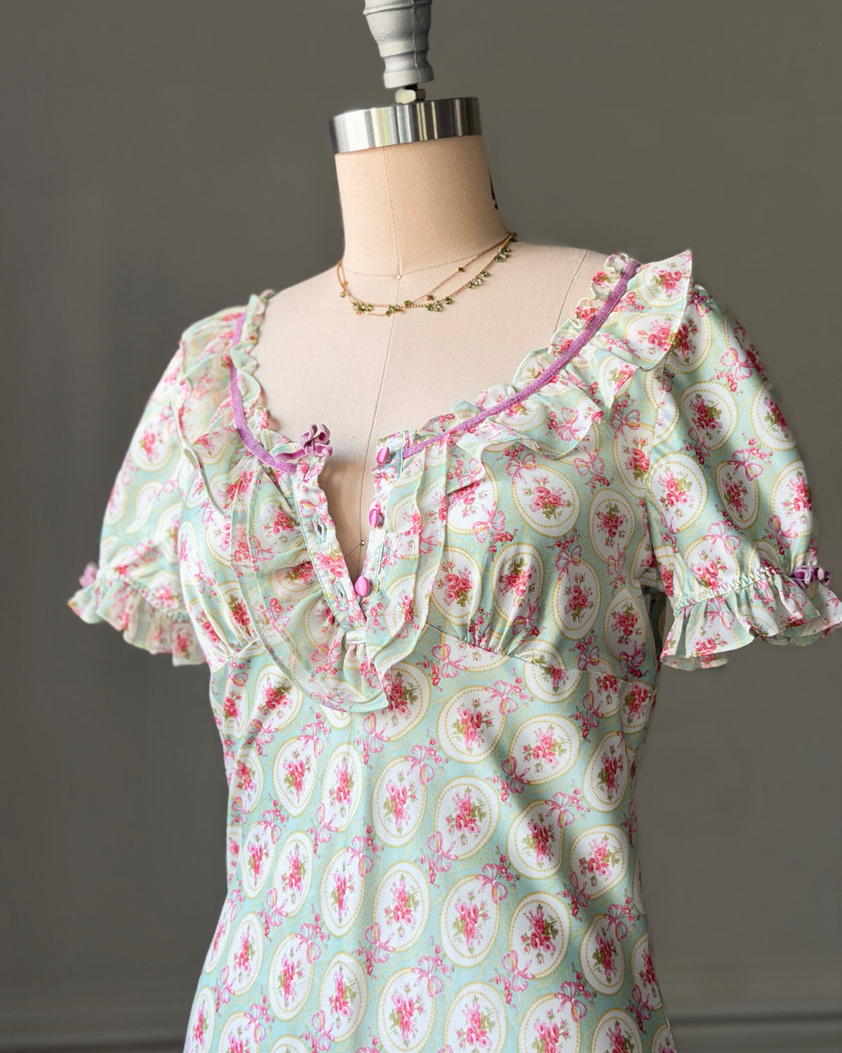 Eblin Lingerie Mint Floral Empire Dress — Velvet Ribbon & Ruffle Collar