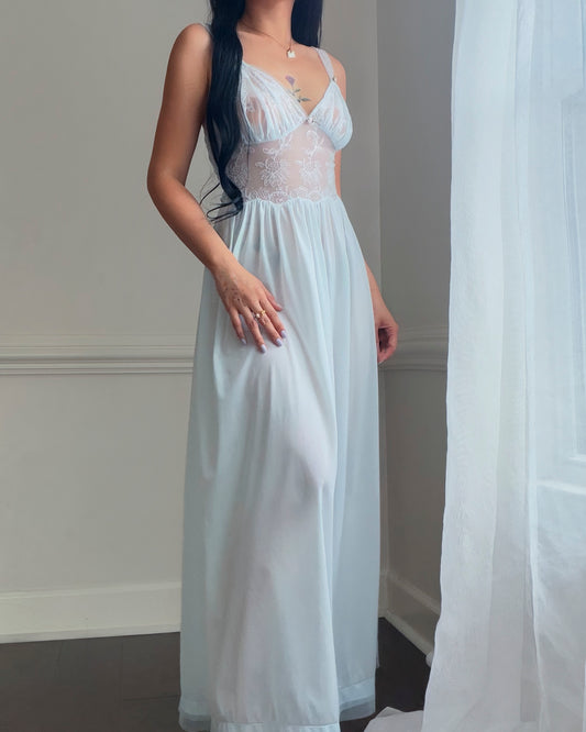 Ice Blue Sheer Lace Maxi Nightgown — Floral Embroidered Bodice & Soft Cup