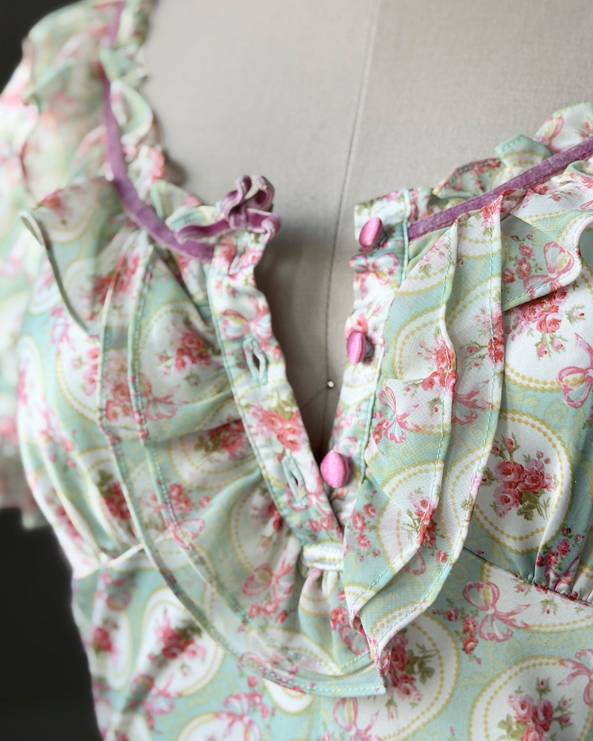 Eblin Lingerie Mint Floral Empire Dress — Velvet Ribbon & Ruffle Collar