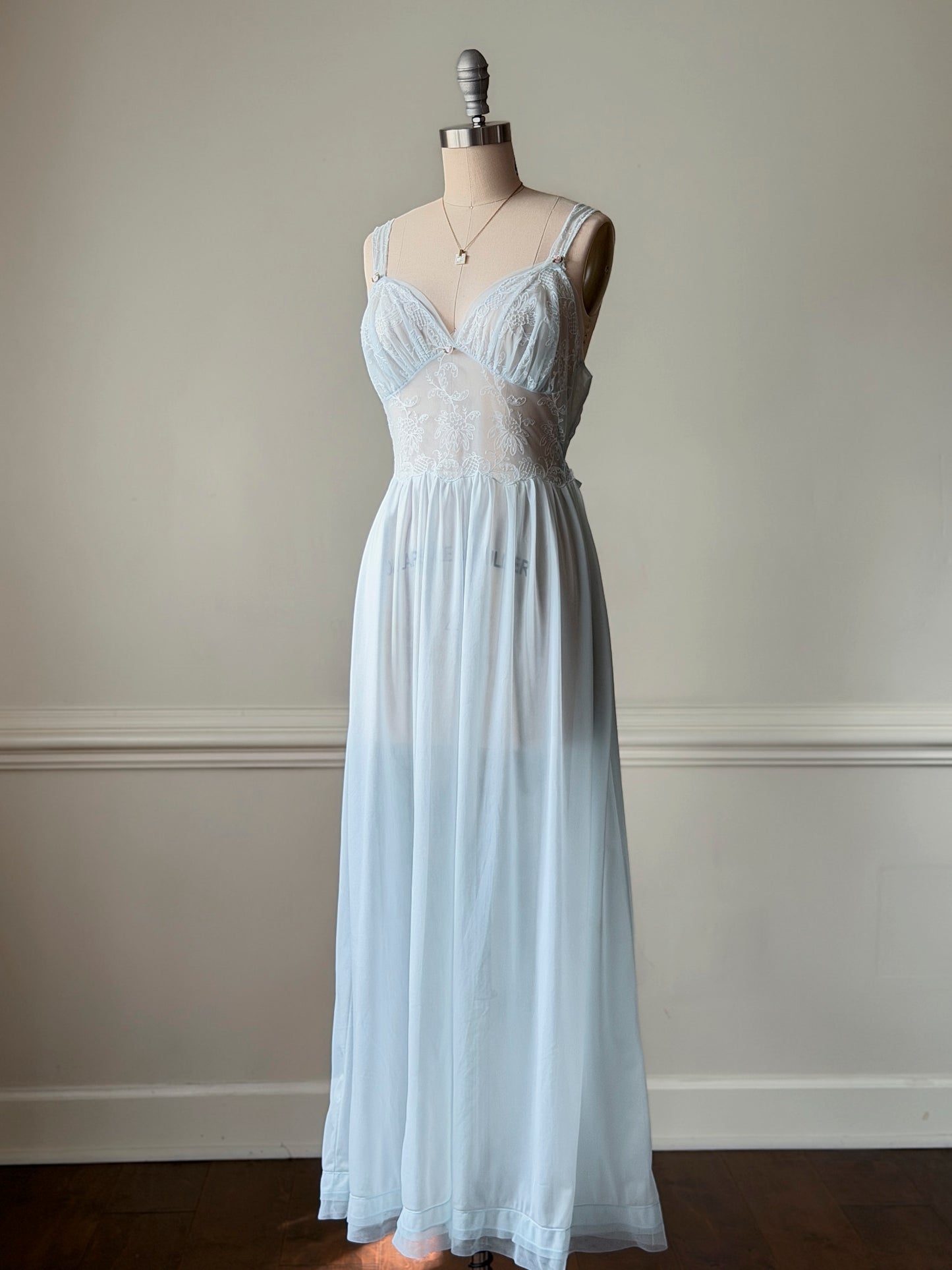 Ice Blue Sheer Lace Maxi Nightgown — Floral Embroidered Bodice & Soft Cup