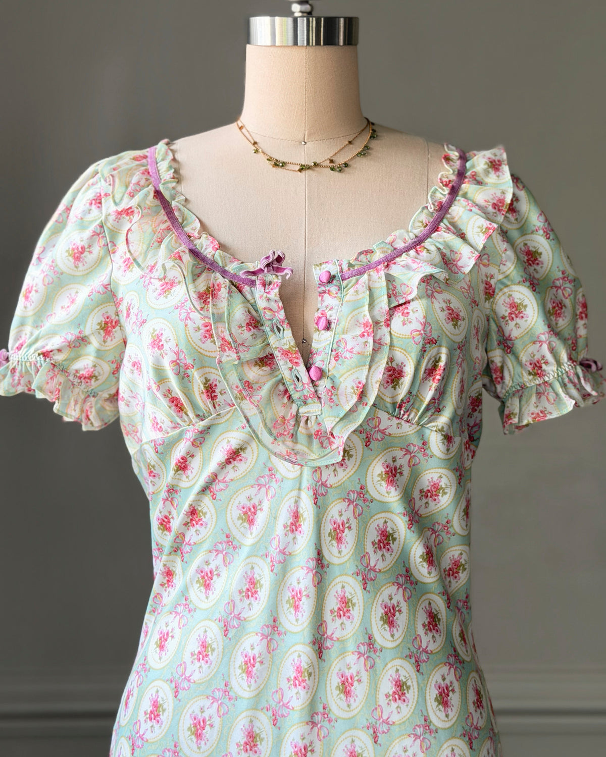 Eblin Lingerie Mint Floral Empire Dress — Velvet Ribbon & Ruffle Collar