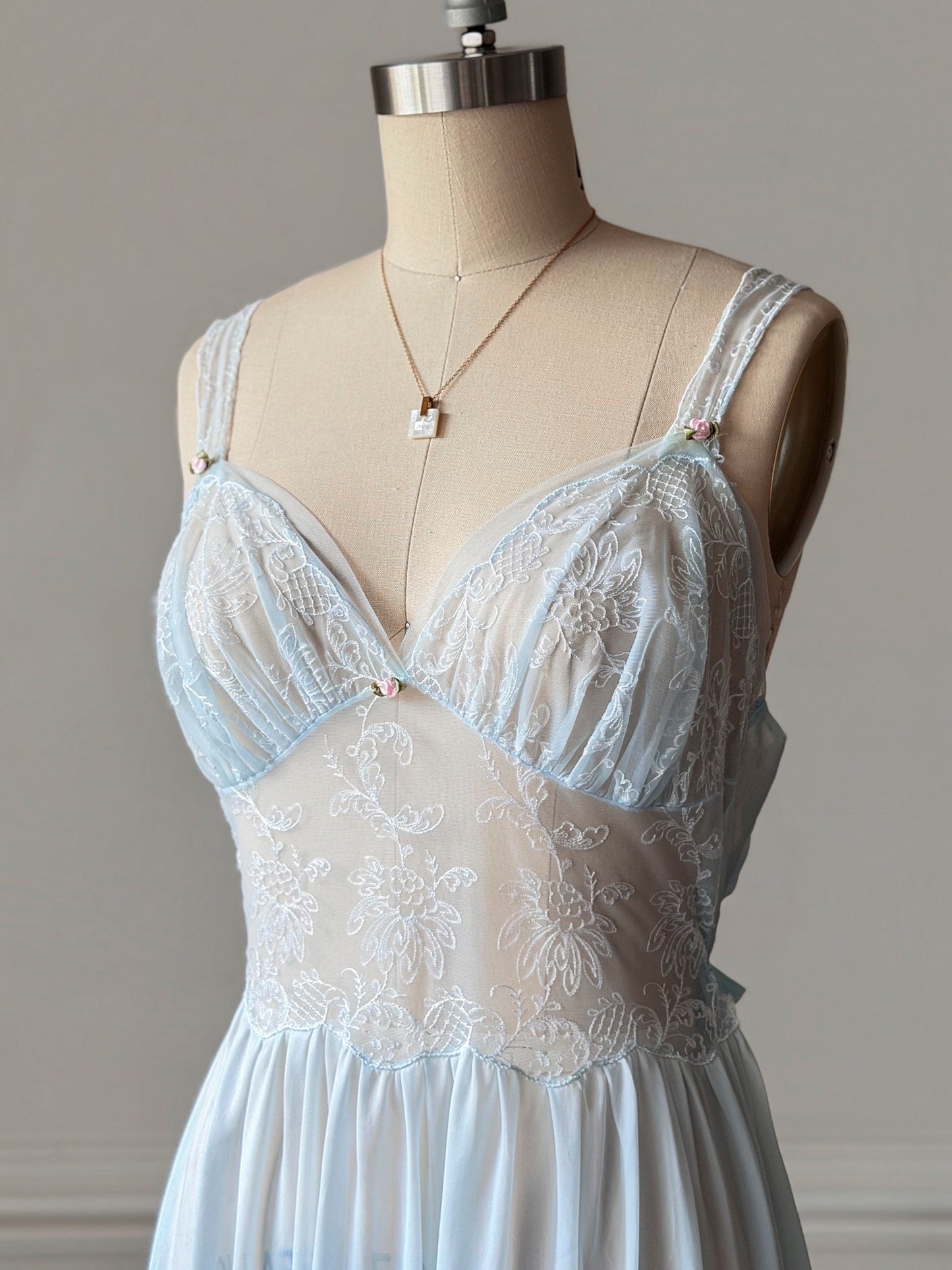 Ice Blue Sheer Lace Maxi Nightgown — Floral Embroidered Bodice & Soft Cup