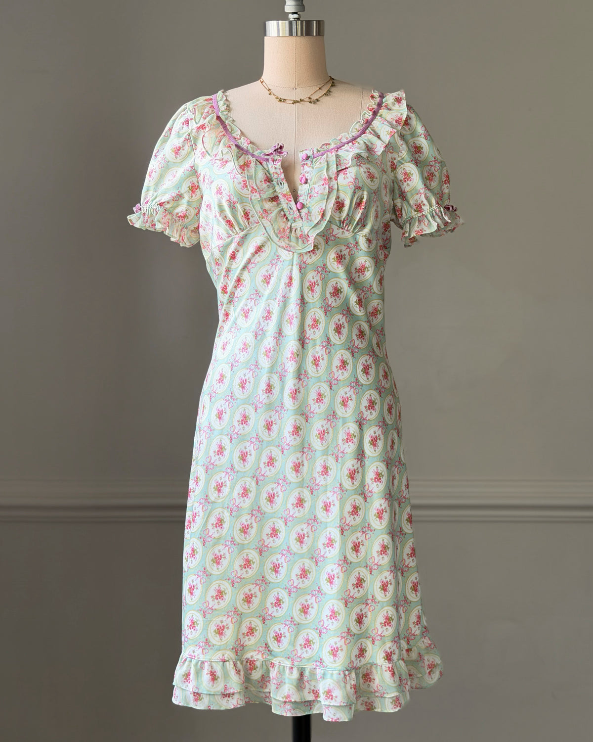 Eblin Lingerie Mint Floral Empire Dress — Velvet Ribbon & Ruffle Collar