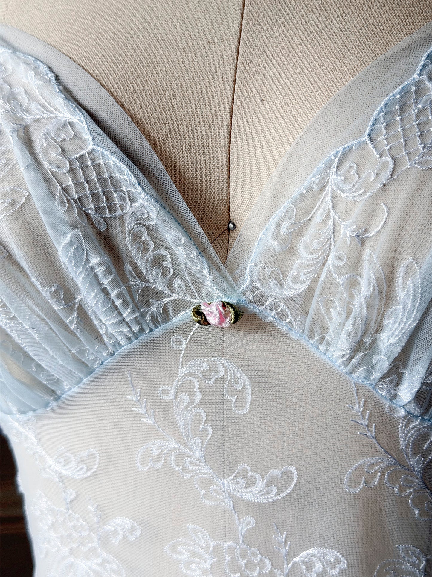 Ice Blue Sheer Lace Maxi Nightgown — Floral Embroidered Bodice & Soft Cup