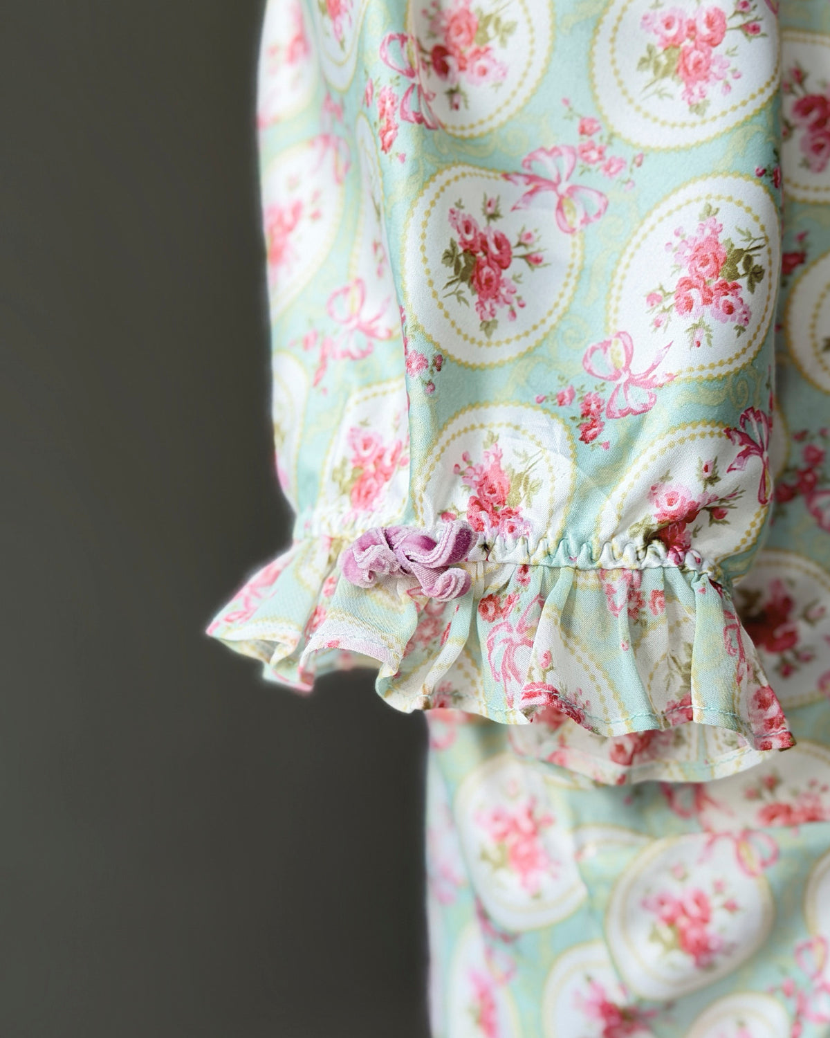 Eblin Lingerie Mint Floral Empire Dress — Velvet Ribbon & Ruffle Collar