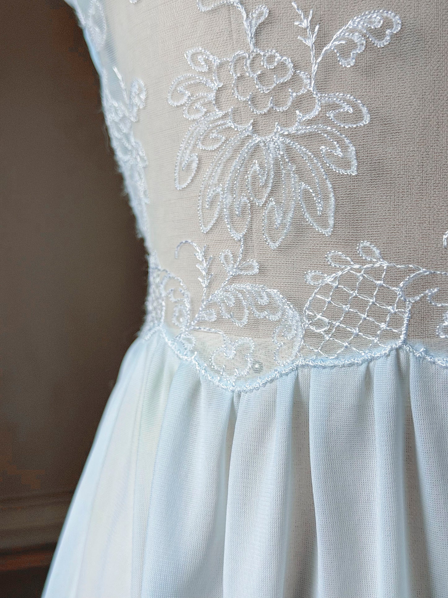 Ice Blue Sheer Lace Maxi Nightgown — Floral Embroidered Bodice & Soft Cup
