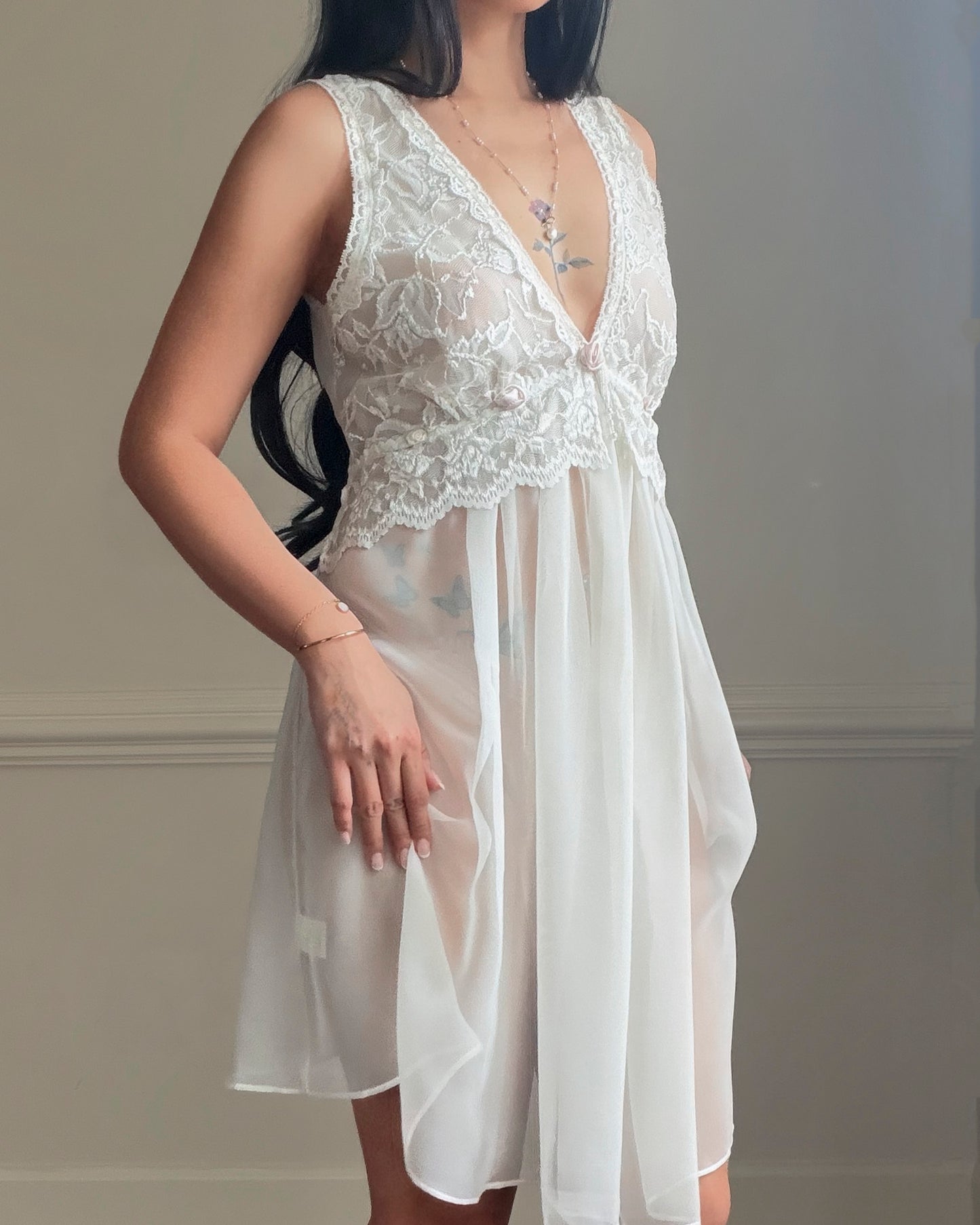 Delicates Ivory Lace Babydoll Dress — Deep V-Neck
