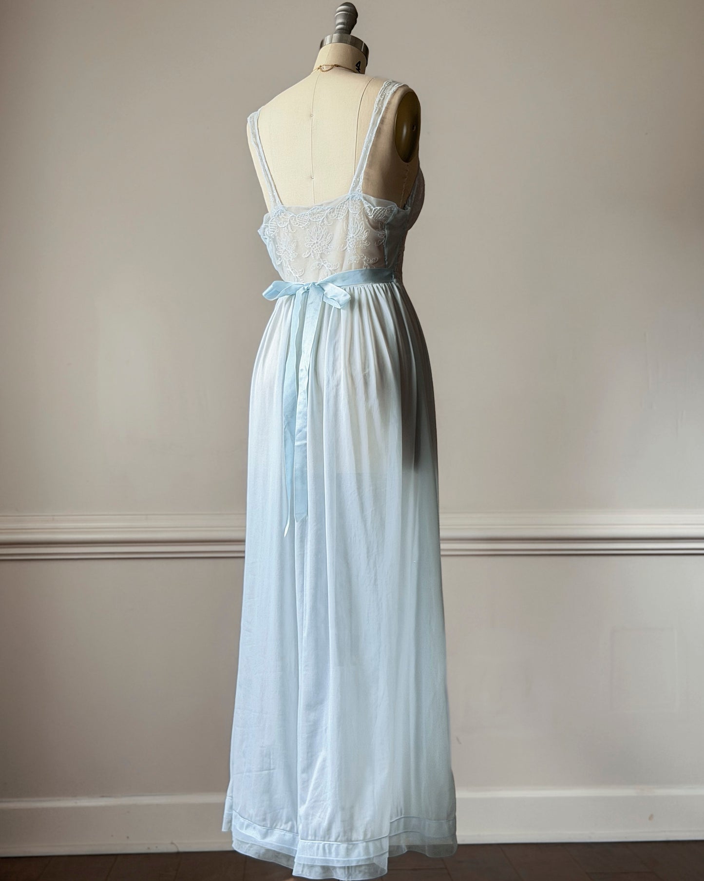Ice Blue Sheer Lace Maxi Nightgown — Floral Embroidered Bodice & Soft Cup