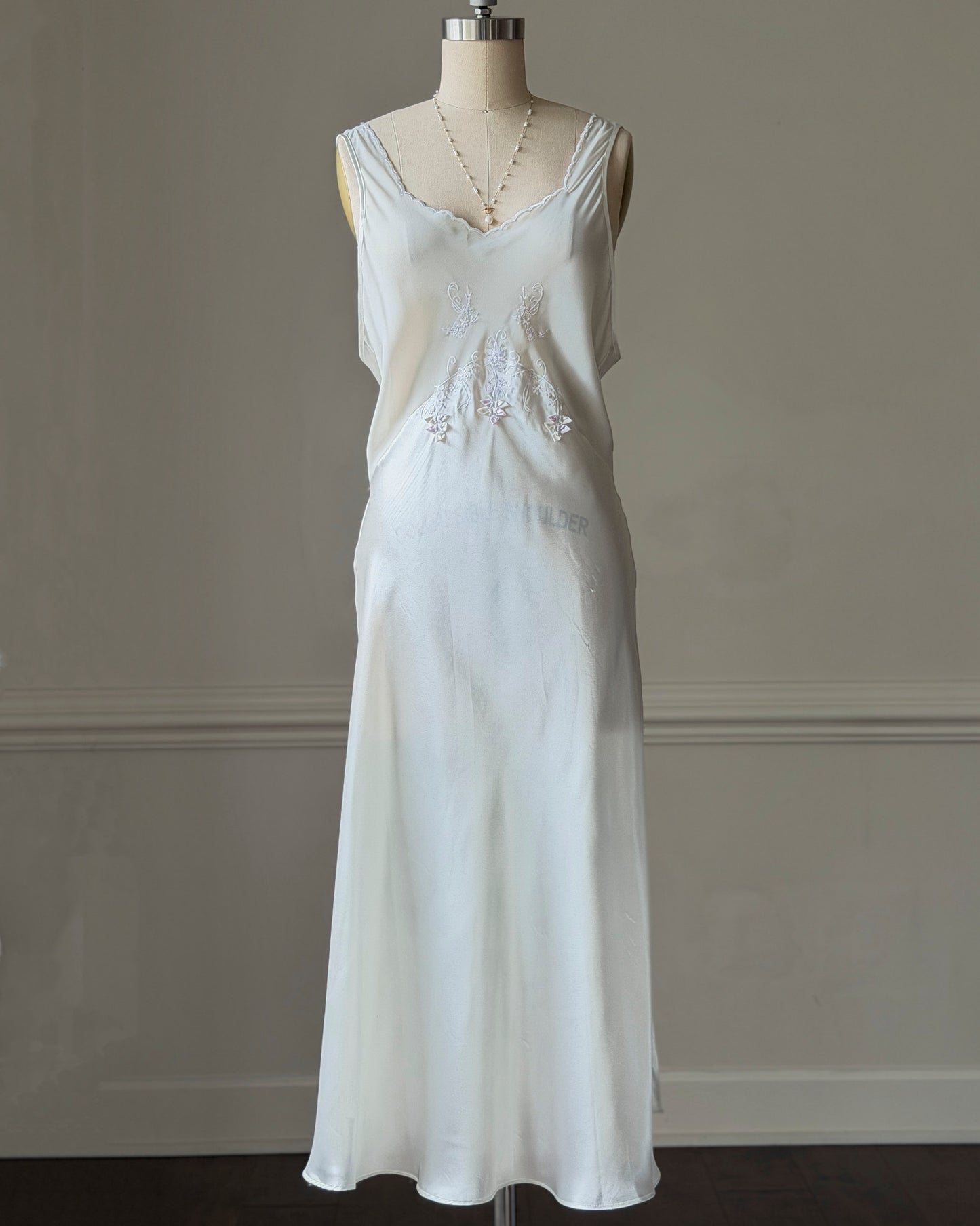 Intimo Amore White Satin Slip Dress — Embroidered Butterfly Motif