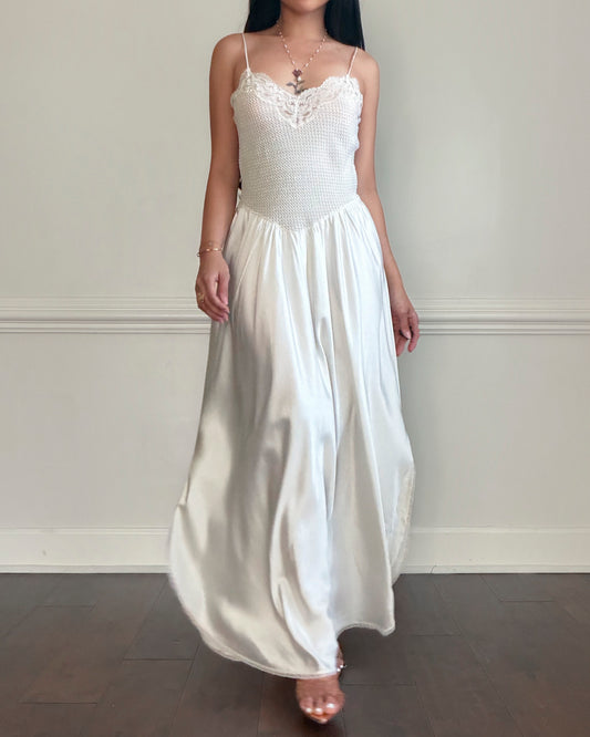 Christian Dior Lingerie Ivory Satin Maxi Dress — Lace Sweetheart & Textured Bodice