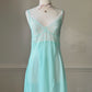 [ES] Mint Chiffon Lace V-Neck Slip Dress — Floral Lace Bodice & Bow Charm