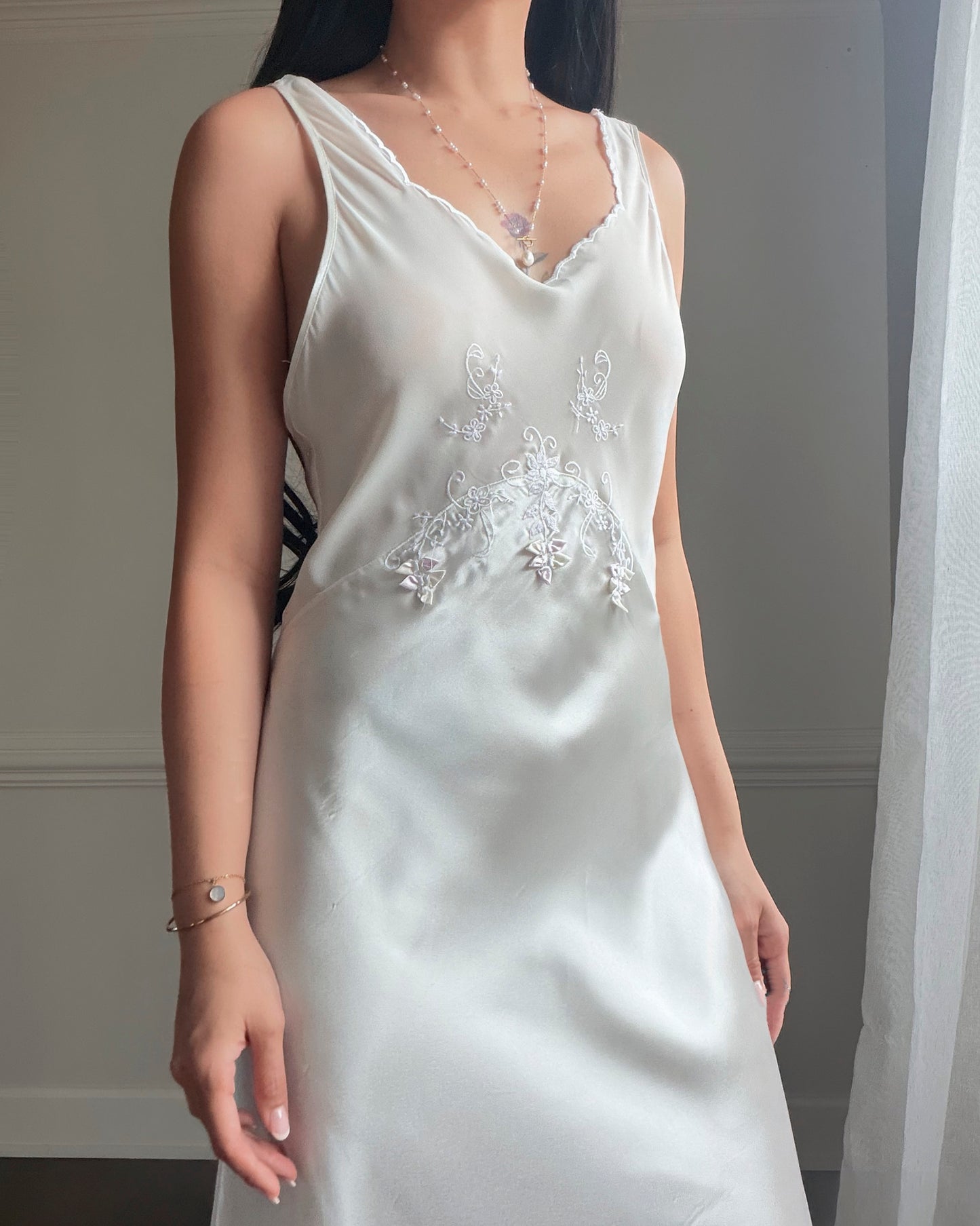 Intimo Amore White Satin Slip Dress — Embroidered Butterfly Motif
