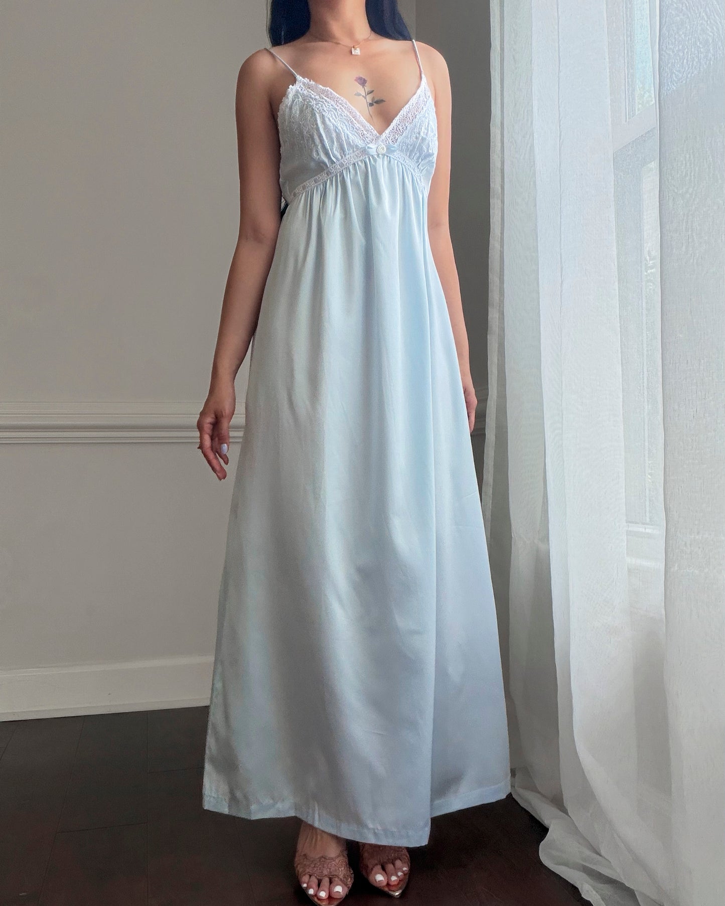 Vintage Dior Baby Blue Satin Maxi Slip Dress — White Lace Bodice & Empire Waist