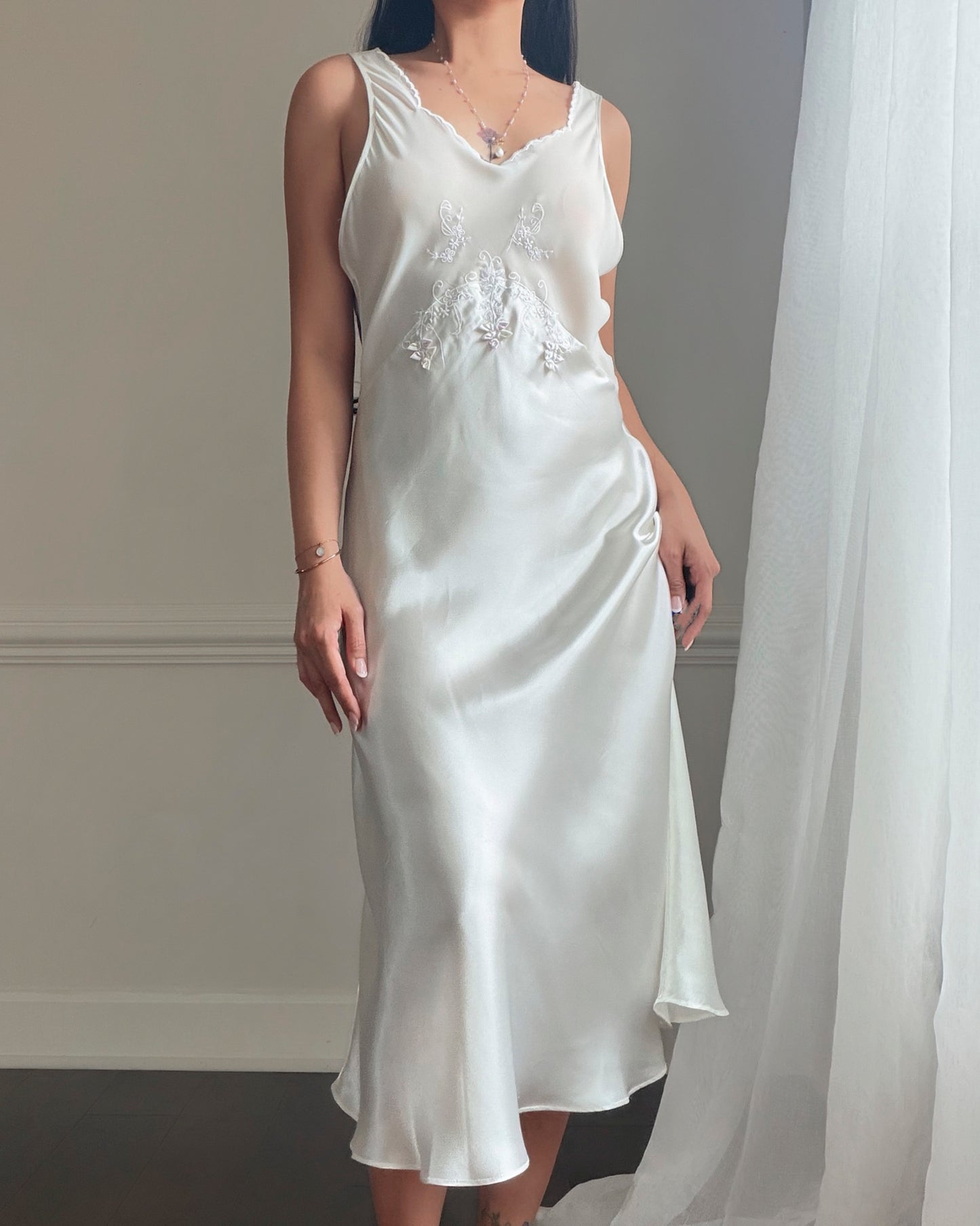 Intimo Amore White Satin Slip Dress — Embroidered Butterfly Motif