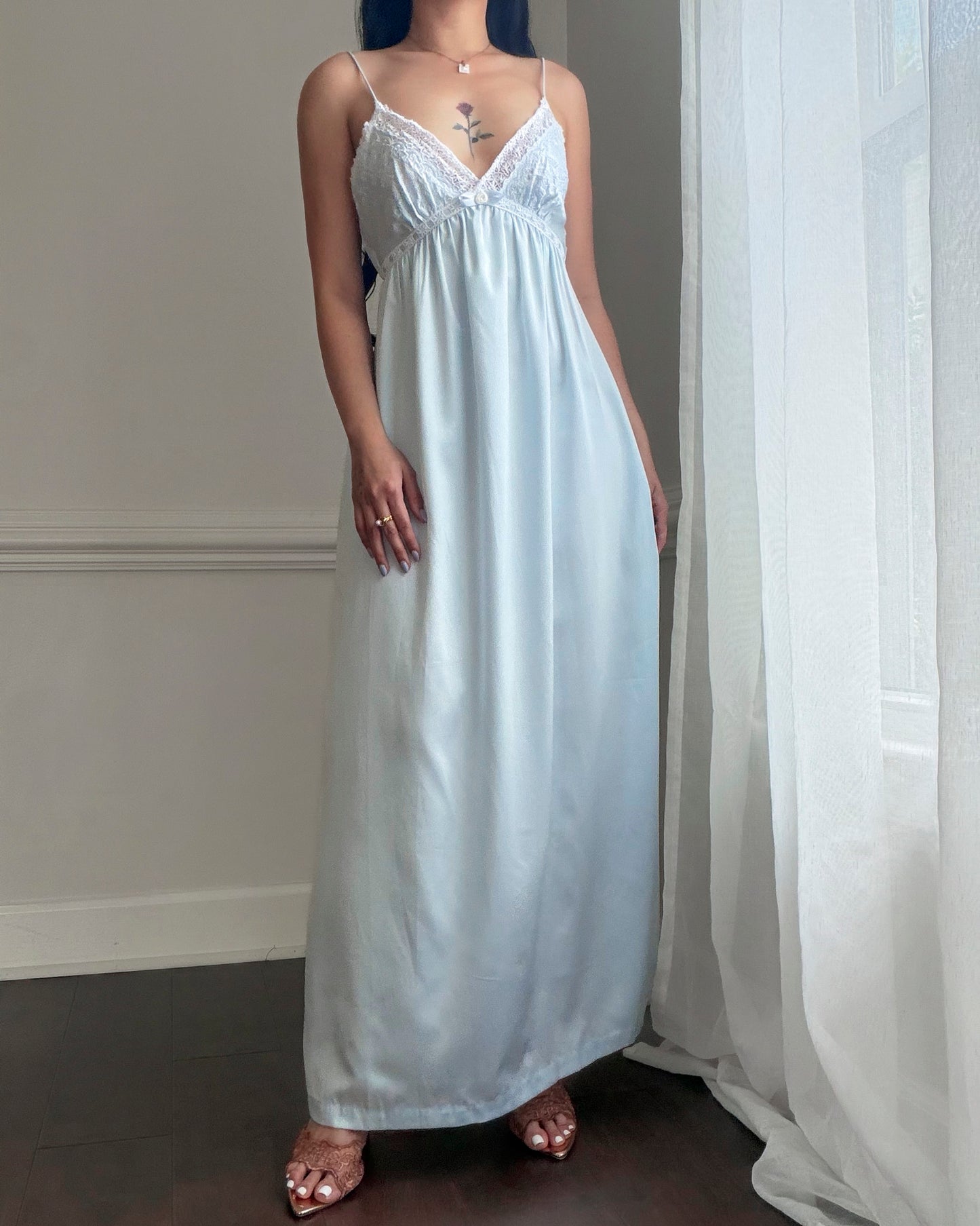 Vintage Dior Baby Blue Satin Maxi Slip Dress — White Lace Bodice & Empire Waist