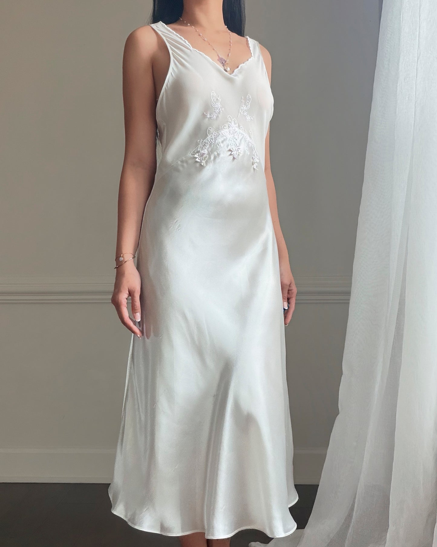 Intimo Amore White Satin Slip Dress — Embroidered Butterfly Motif