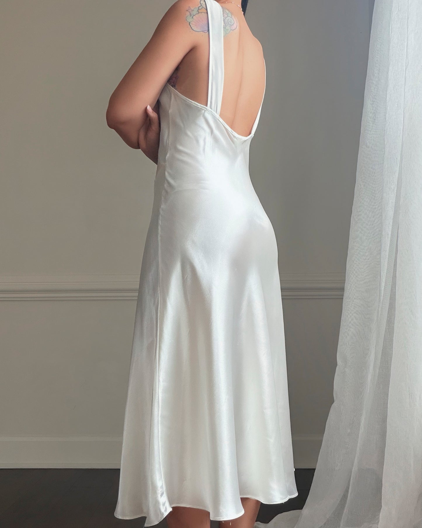 Intimo Amore White Satin Slip Dress — Embroidered Butterfly Motif