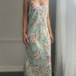 Sage Floral Jacquard Slip Dress — Lace V-Neck & Criss-Cross Straps
