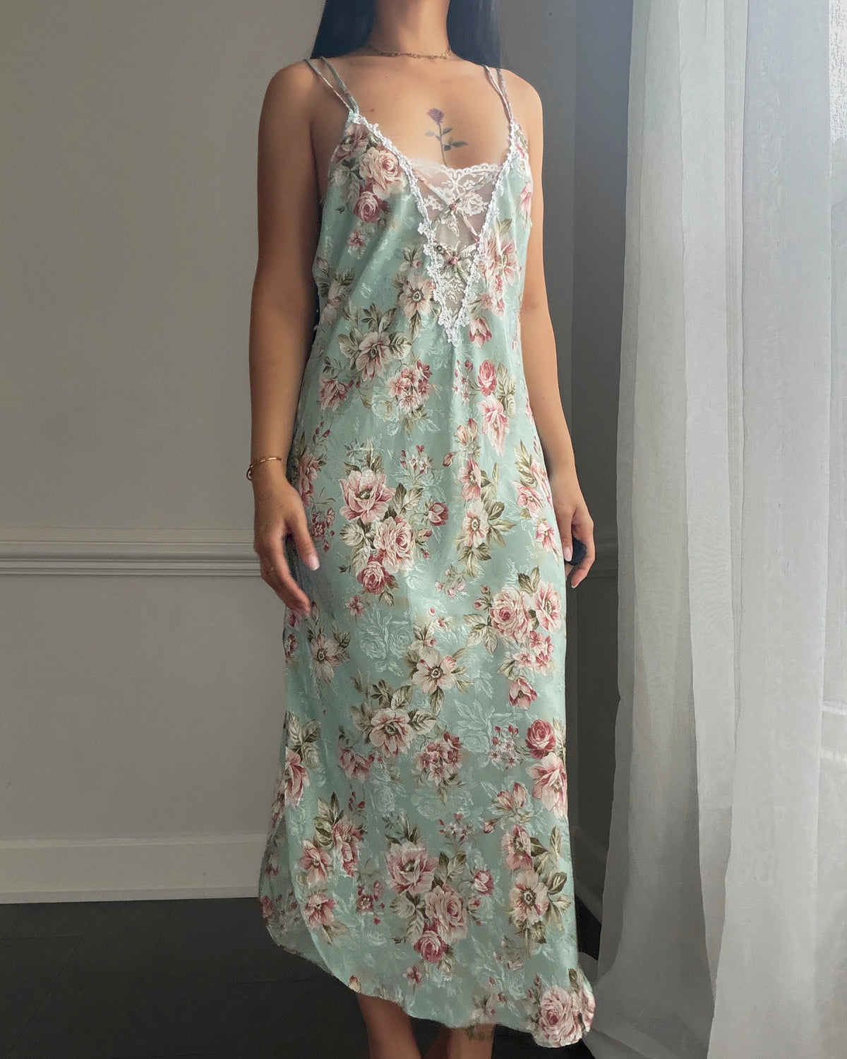 Sage Floral Jacquard Slip Dress — Lace V-Neck & Criss-Cross Straps