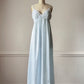 Vintage Dior Baby Blue Satin Maxi Slip Dress — White Lace Bodice & Empire Waist