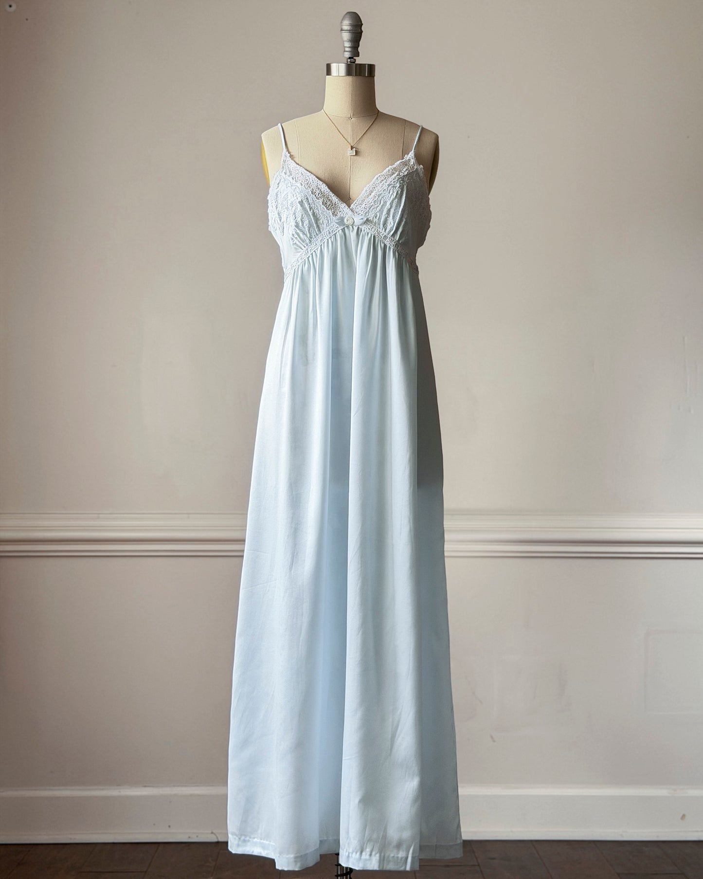 Vintage Dior Baby Blue Satin Maxi Slip Dress — White Lace Bodice & Empire Waist