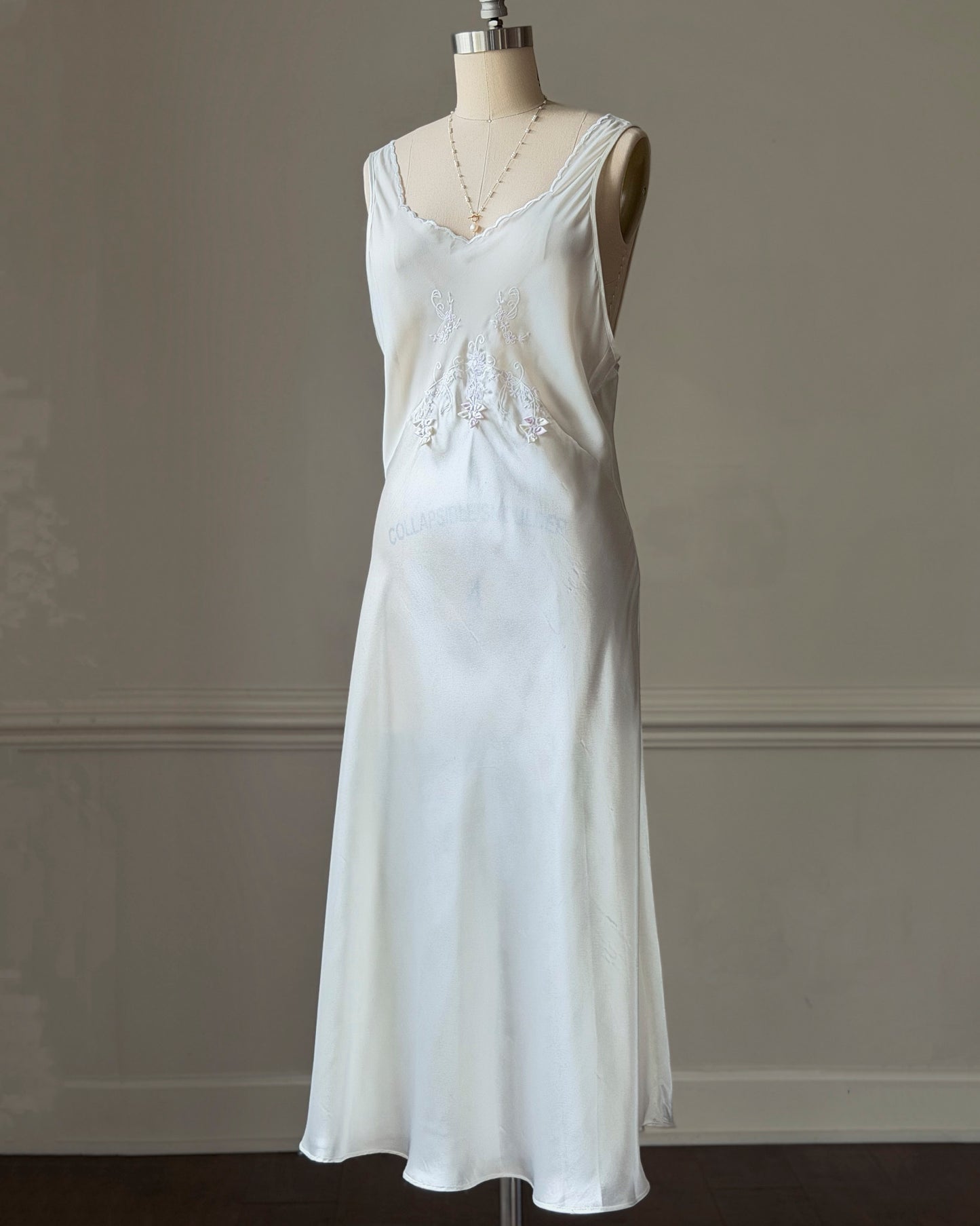 Intimo Amore White Satin Slip Dress — Embroidered Butterfly Motif