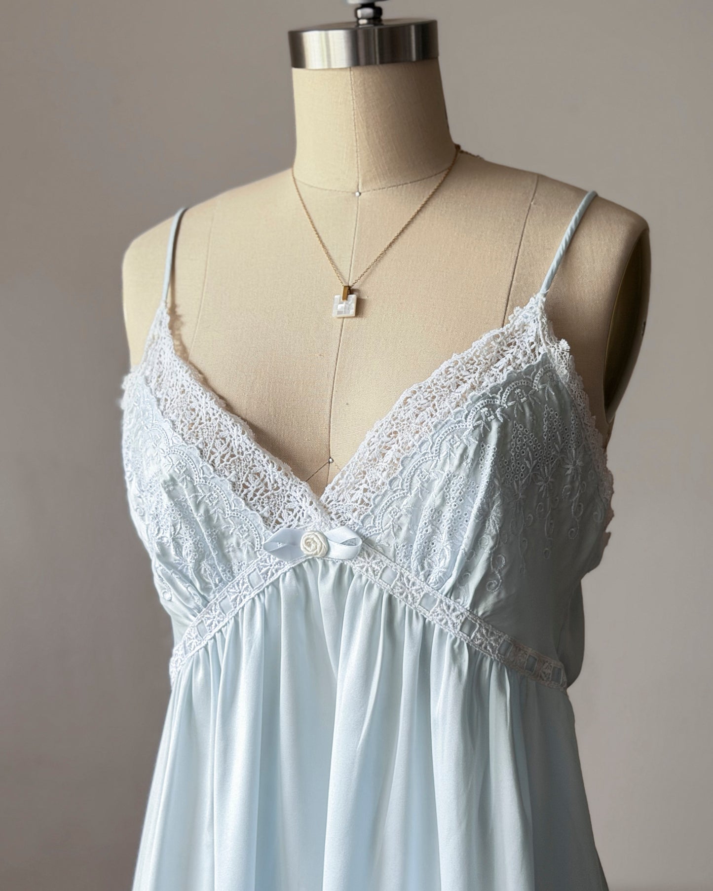 Vintage Dior Baby Blue Satin Maxi Slip Dress — White Lace Bodice & Empire Waist