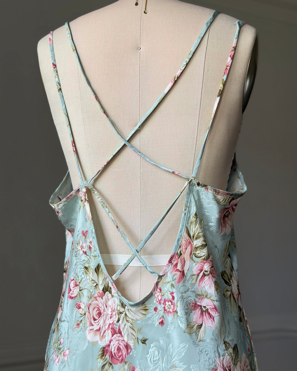 Sage Floral Jacquard Slip Dress — Lace V-Neck & Criss-Cross Straps