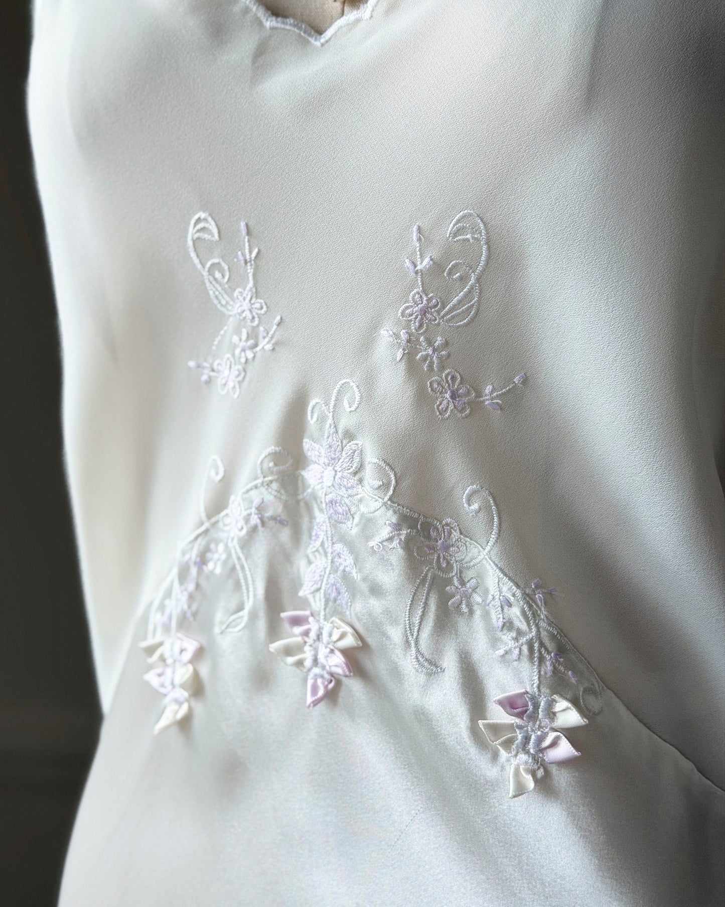 Intimo Amore White Satin Slip Dress — Embroidered Butterfly Motif