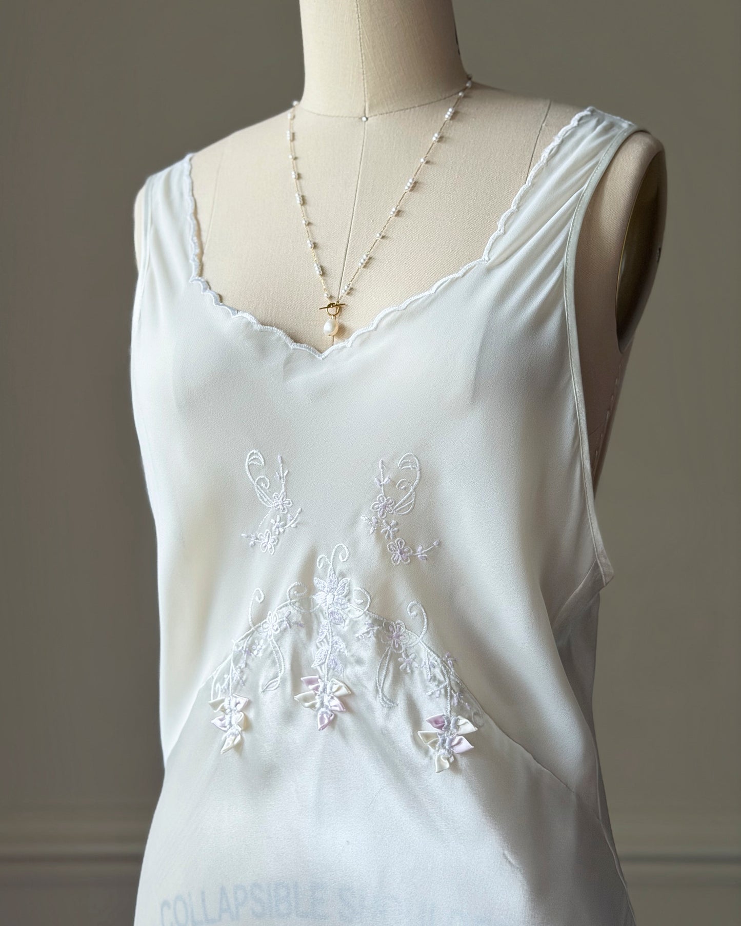 Intimo Amore White Satin Slip Dress — Embroidered Butterfly Motif