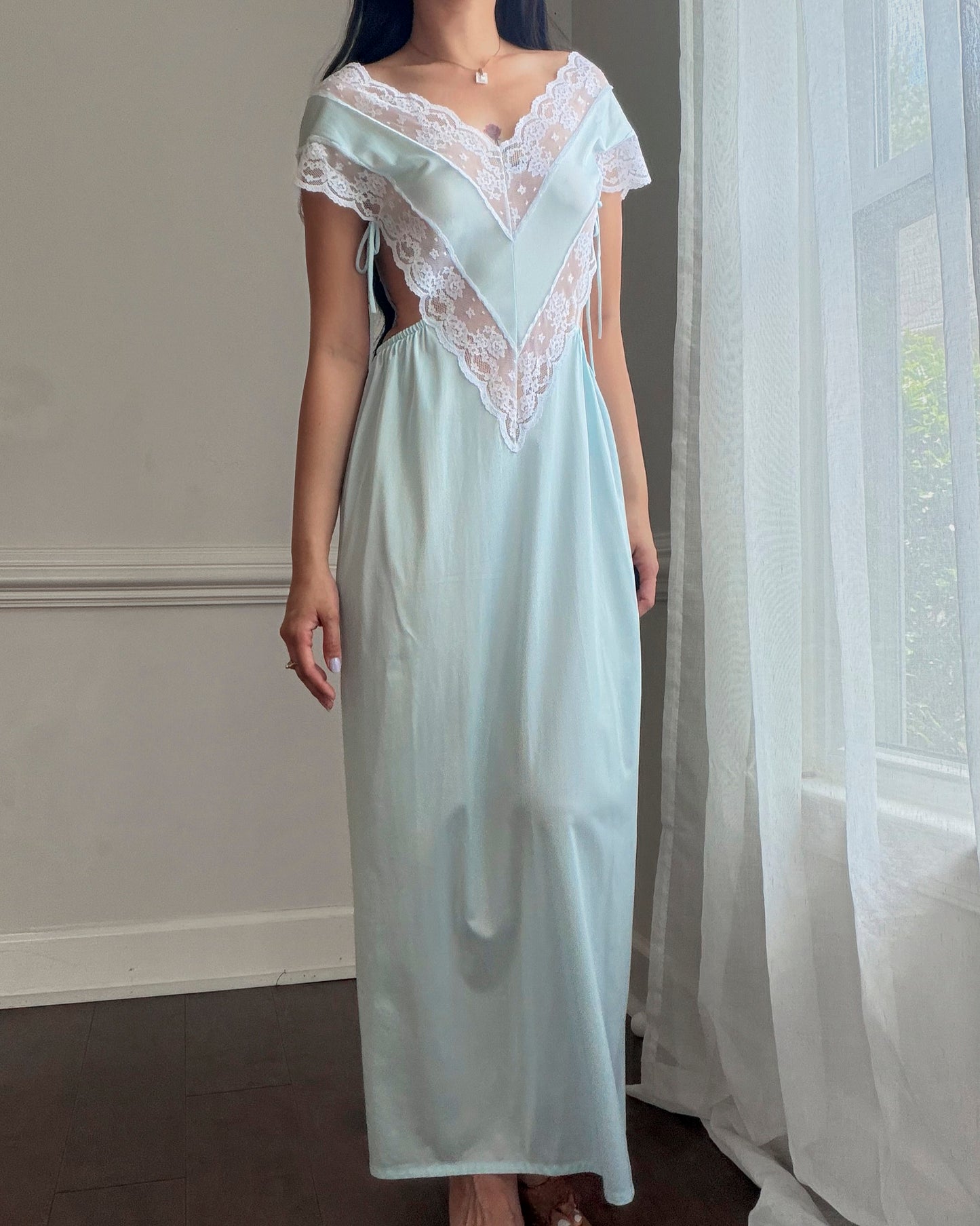 Ice Blue Nylon Maxi Nightgown — Wide Scalloped Lace Collar & Open Cutout Sides