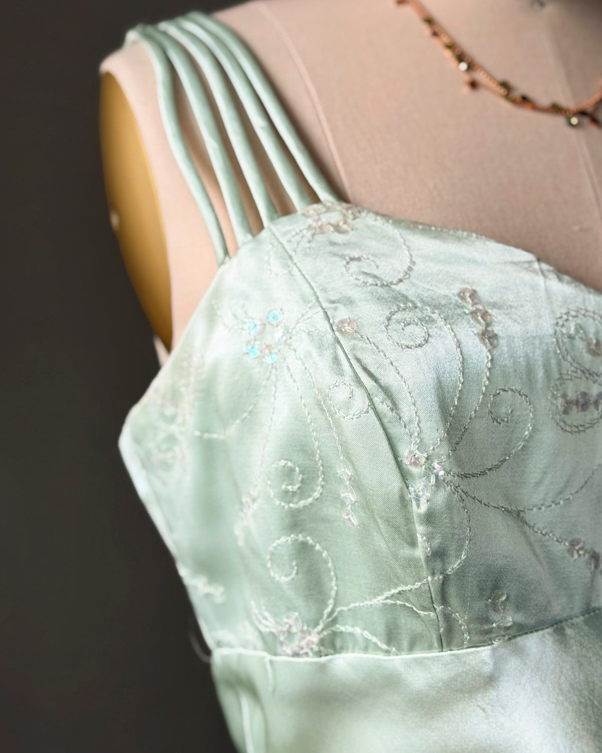 All That Jazz Mint Satin Maxi Dress — Sequin Beaded Bodice & Multi-Strap