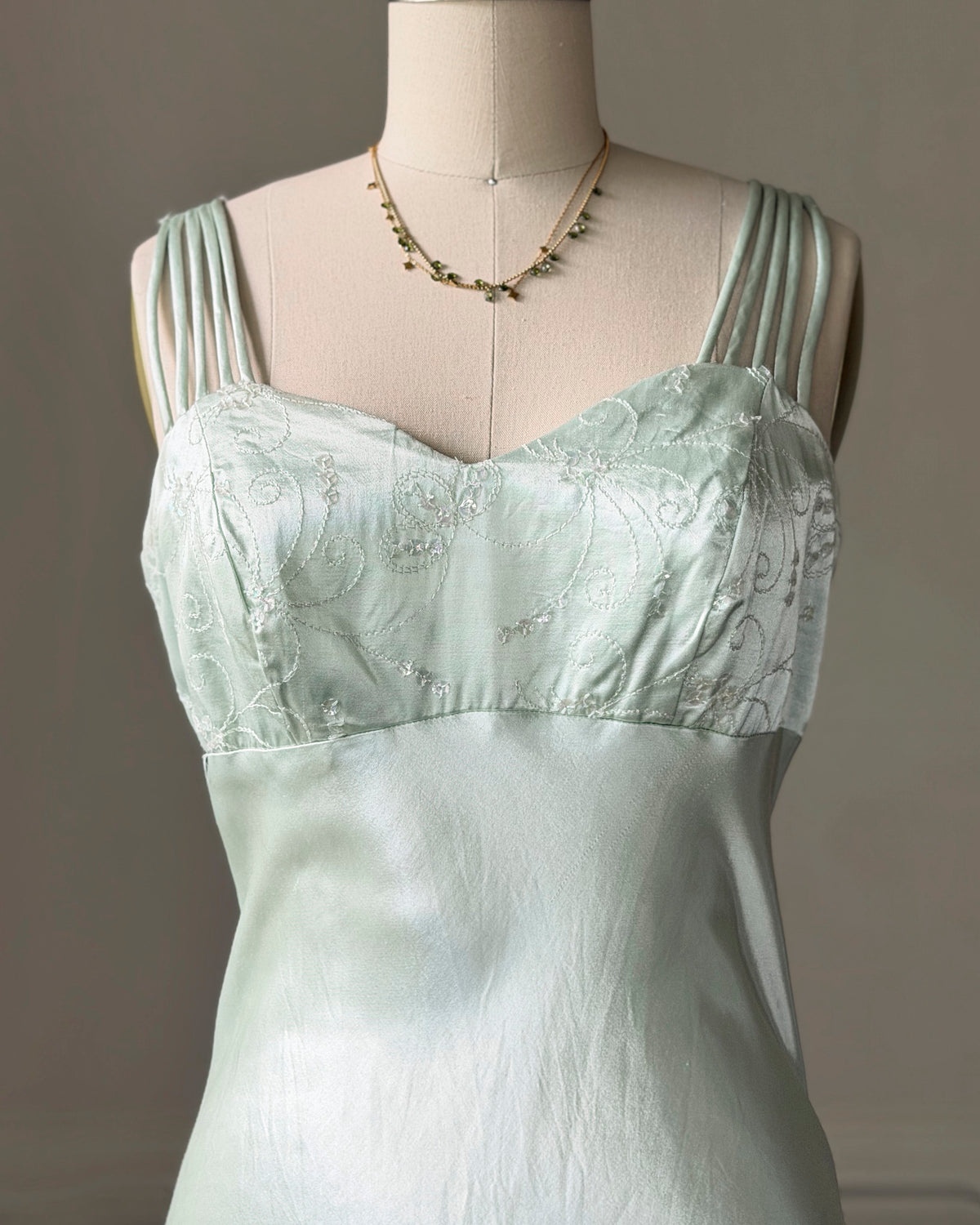 All That Jazz Mint Satin Maxi Dress — Sequin Beaded Bodice & Multi-Strap