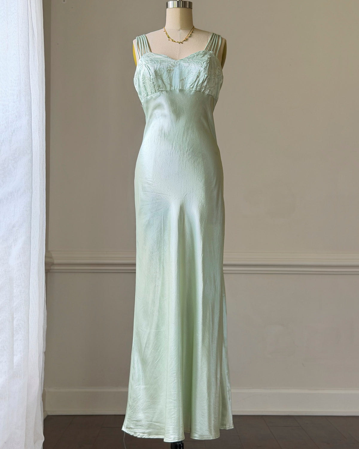 All That Jazz Mint Satin Maxi Dress — Sequin Beaded Bodice & Multi-Strap