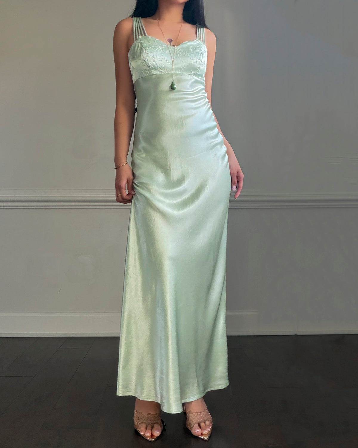 All That Jazz Mint Satin Maxi Dress — Sequin Beaded Bodice & Multi-Strap