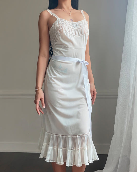 Ivory Pintuck Lace Midi Dress — Satin Ribbon Waist Tie | Vintage 90s